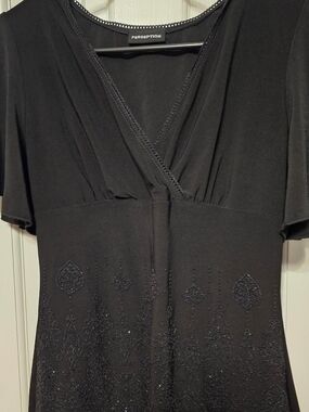 Perseption Black V-Neck Beaded Babydoll Style Blouse